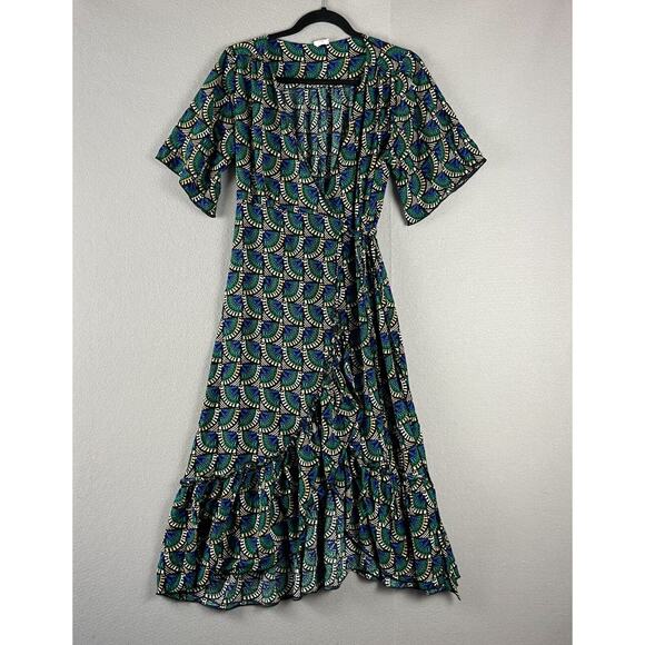 Silk Salt Journey Maxi Wrap Dress Women Medium Geometric Peacock Artsy Tribal - Picture 1 of 16